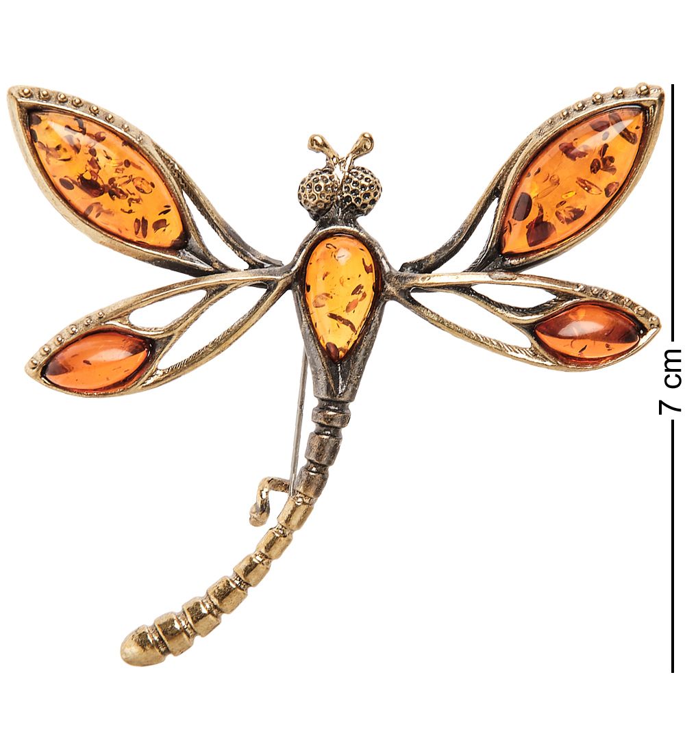 AM-1660 Брошь «Стрекоза Красотка» (латунь, янтарь)