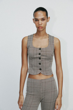 ZARA ТОП ИЗ ИНТЕРЛОКА БЕЗ РУКАВОВ, ЭКРЮ/КОРИЧНЕВЫЙ