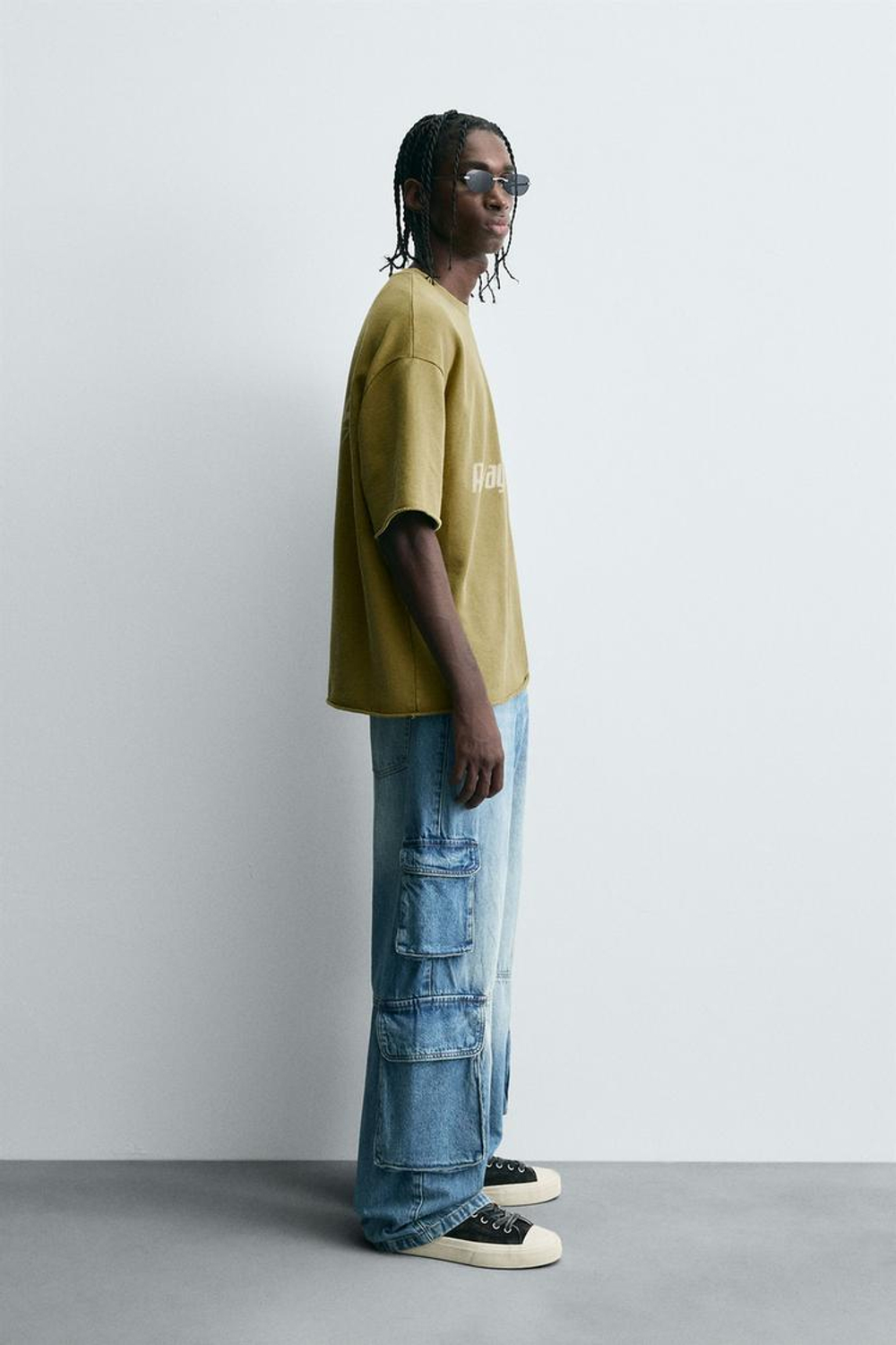 ZARA ТОЛСТОВКА С ЭФФЕКТОМ ПОТЕРТОСТИ И НАДПИСЬЮ, ЗЕЛЕНОВАТО-СИНИЙ