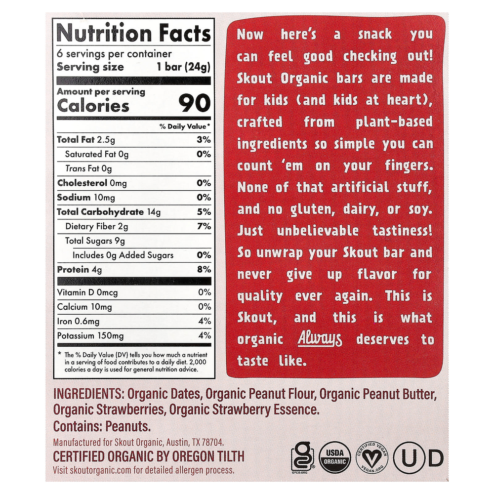 Skout Organic, детские батончики-снеки, арахисовая паста и желе, 6 батончиков по 24 г (0,85 унции)