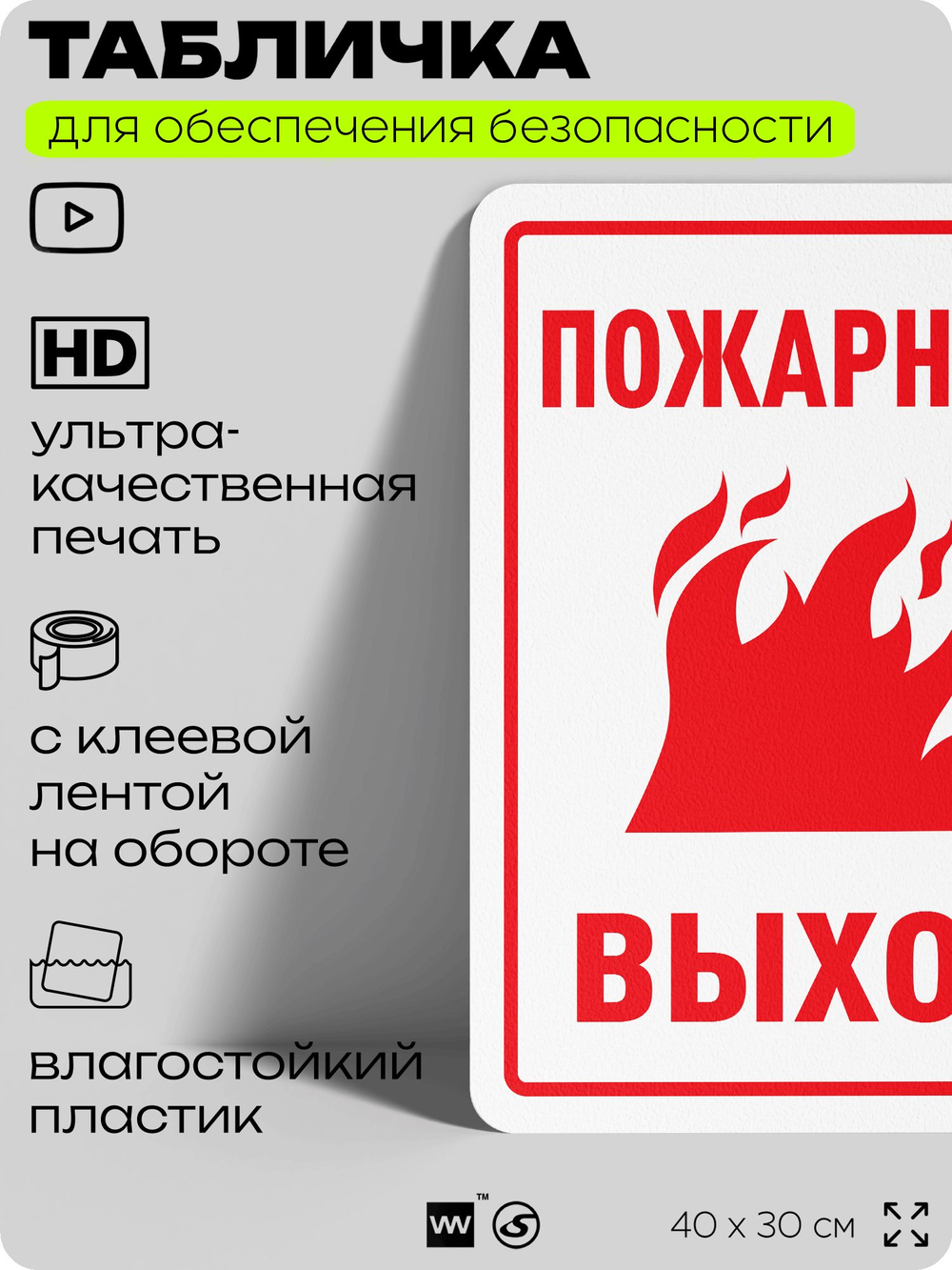 Табличка для обеспечения безопасности "Пожарный выход", для офиса, по охране труда для предприятия, организаций, 40х30 см, Silver Plane x Айдентика Технолоджи