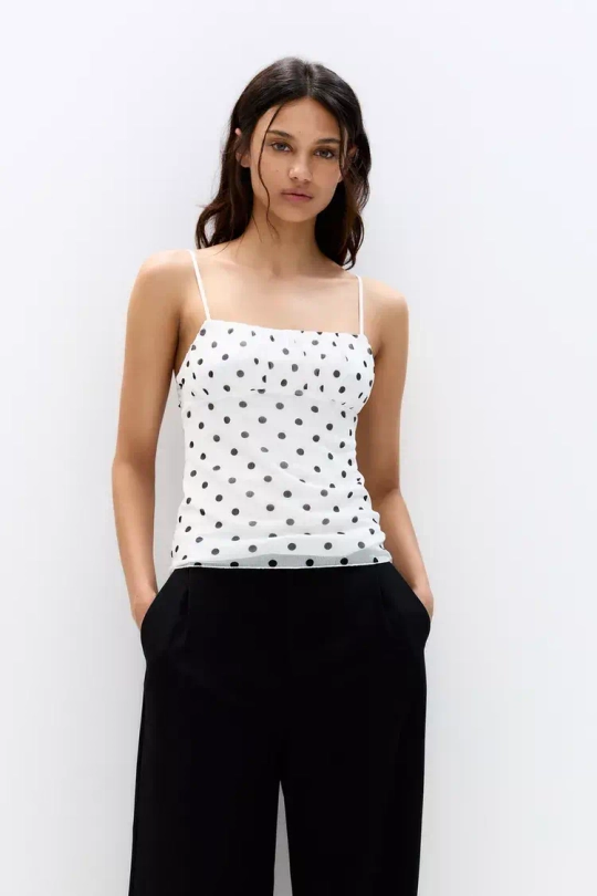 PULL&BEAR Топ с бретельками в горошек, белый
