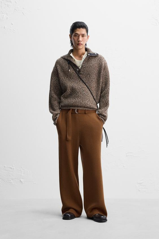 ZARA X NANUSHKA ТРИКОТАЖНЫЕ БРЮКИ С ПОЯСОМ, КОРИЧНЕВЫЙ