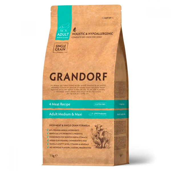Сухой корм Grandorf Dog 4 Meat PROBIOTIC MED&MAXI для собак средних и крупных пород 1 кг