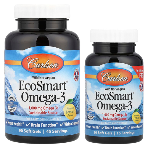 Carlson, EcoSmart®, омега-3 из норвежских морепродуктов дикого улова, с натуральным лимонным вкусом, 120 капсул