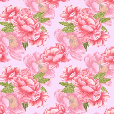 Букет красных пионов с зелеными листьями на бледно-розовом фоне