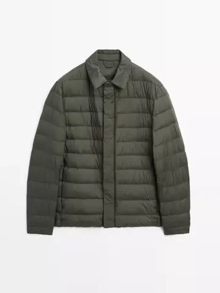 Massimo Dutti Непромокаемая легкая парка из смесового пуха, темный хаки