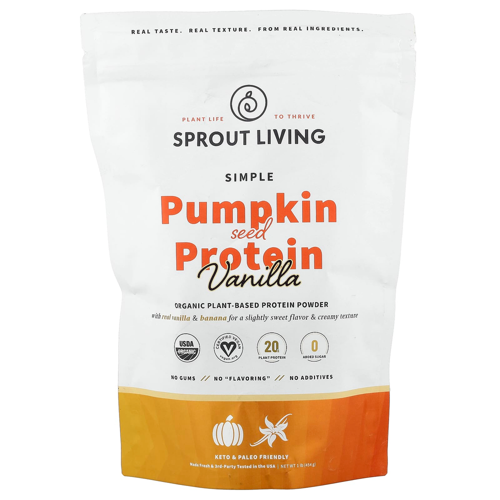 Sprout Living, простой протеин из семян тыквы, со вкусом ванили, 454 г (1 фунт)