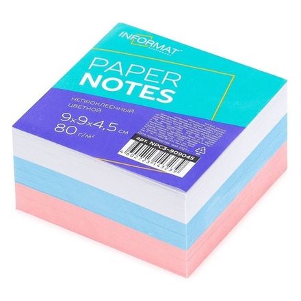 Блок бумаги для записи непроклеенный 9х9х4,5 см, триколор пастель, плотность 80 г/м, inФормат