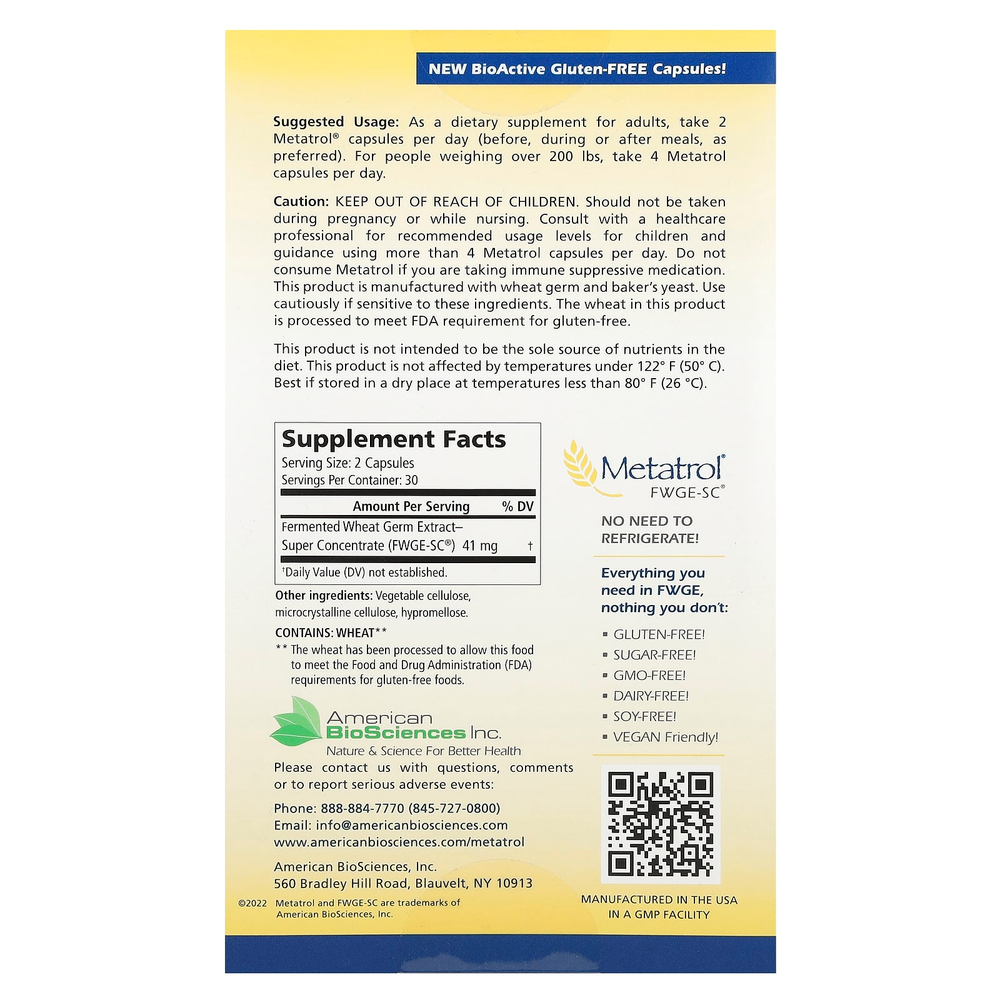 American Biosciences, Metatrol®, ферментированный экстракт ростков пшеницы, 60 вегетарианских капсул