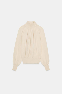 ZARA БЛУЗА СВОБОДНОГО КРОЯ ИЗ КОМБИНИРОВАННОГО ТРИКОТАЖА, ПЕСОЧНЫЙ