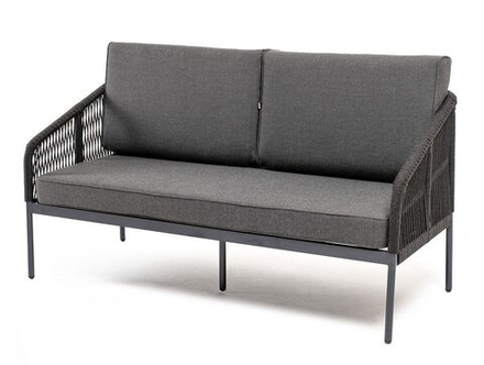 "Канны" диван 2-местный плетеный из роупа, каркас алюминий темно-серый (RAL7024) шагрень, роуп темно-серый круглый, ткань темно-серая 019