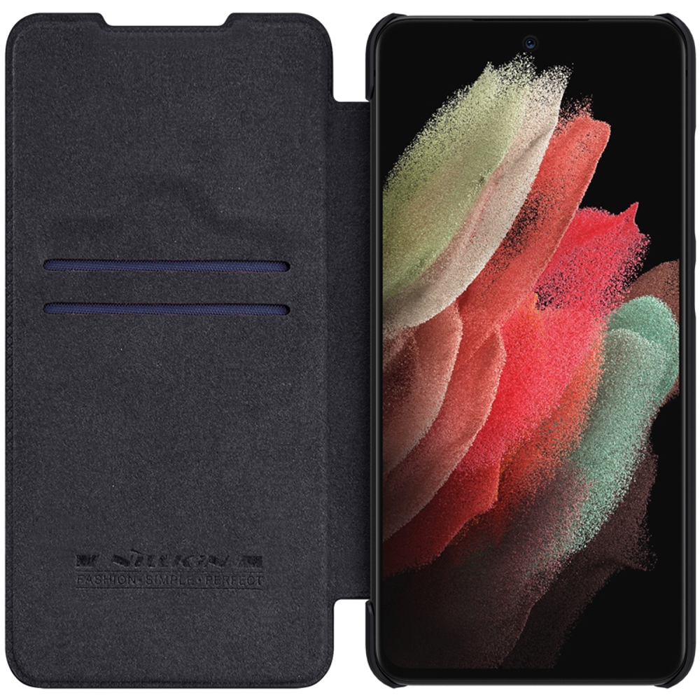 Кожаный чехол книжка от Nillkin для Samsung Galaxy S21 FE 5G, черный цвет, серия Qin Leather