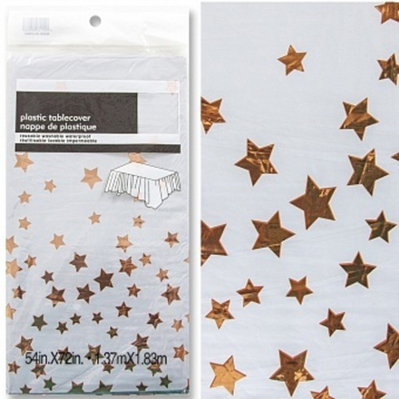 Скатерть одноразовая, Звезды Белый/Розовое золото Металлик 137*183 см.
