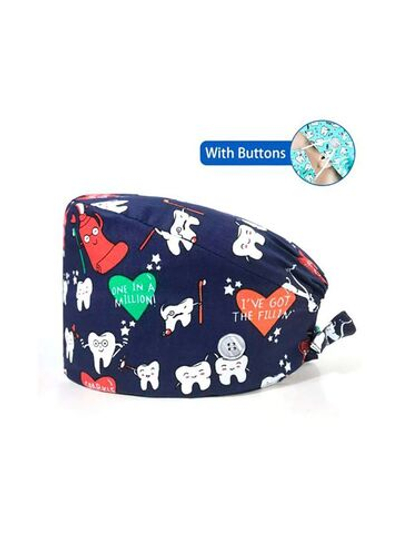 Шапочка медицинская, принт "зубная паста и зубы", синий