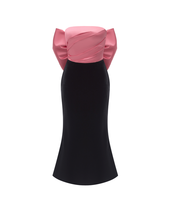 Платье Миди Корсетное из Атласа и Бархата с Бантом