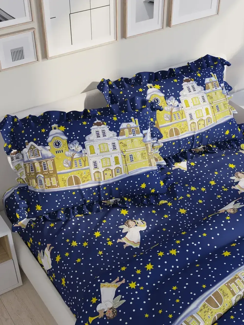 Декоративная наволочка с рюшами, оборками "Домики" 40х60 см, 1 шт, без молнии