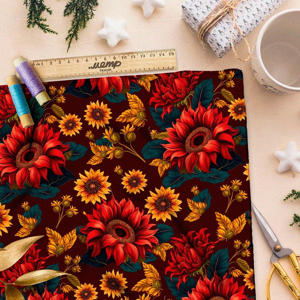 Ткань габардин  подсолнухи и подсолнечное поле
