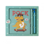 Записная книжка в футляре 21,0 см * 21,0 см , 7БЦ, Alingar, ламинация, ручка, замочек, 45 л., клетка, "Веселый дино", бирюзовый