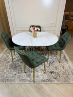 Круглый раздвижной стол "Лофт", белый каспий и стулья "Бостон" оливковый