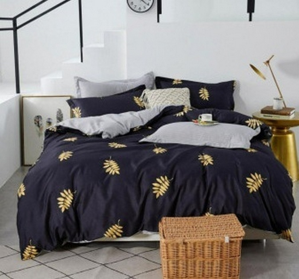 2-спальное постельное белье из поплина Темное с листьями (простыня на резинке)