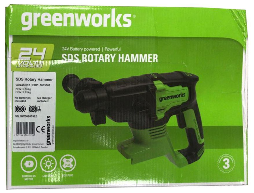Перфоратор аккумуляторный GREENWORKS GD24SDS2 24В,SDS+,2ДЖ,б/щ,без АКБ и ЗУ (3803007)