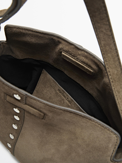 Massimo Dutti Сумка из натуральной кожи с декоративными заклепками, серо-коричневый