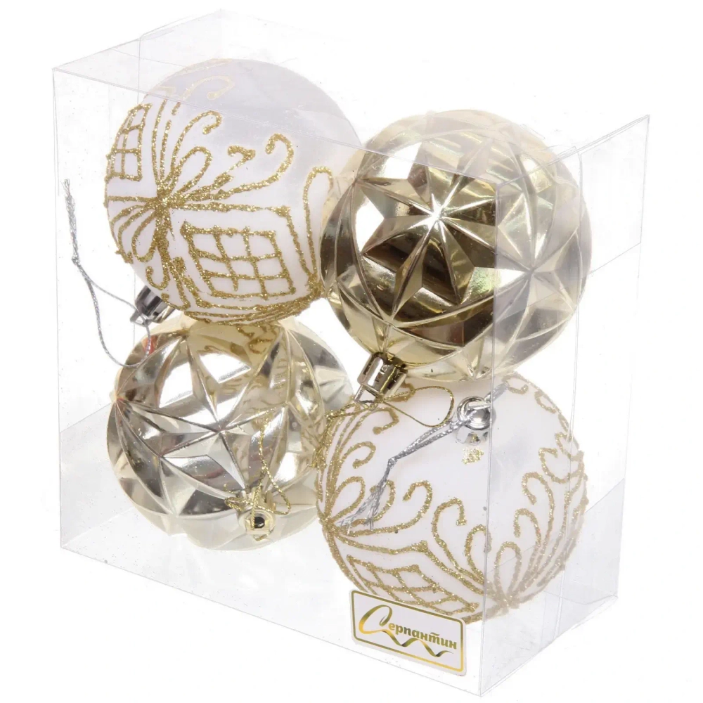Новогодние шары 7 см (набор 4 шт) «Симфония леса», золото/белый