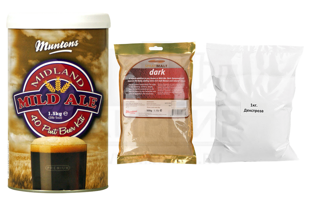Комплект: Muntons "Midland Mild", 1,5 кг + Muntons "Dark", 0,5 кг + Декстроза, 1 кг