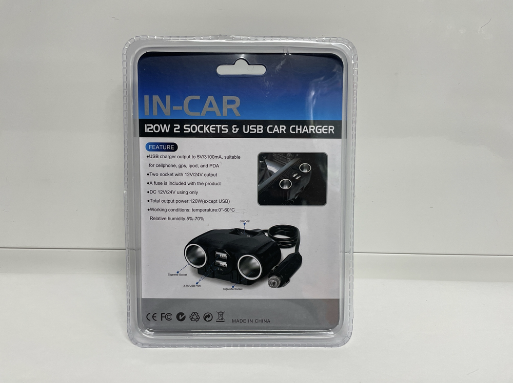1630 IN CAR / Разветвитель в машину на 2 гнезда прикуривателя c USB 1630