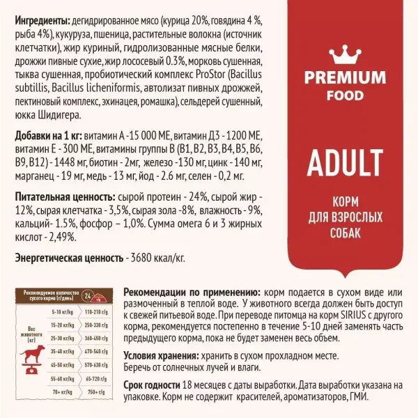 Сухой корм Sirius для взрослых собак, Мясной рацион