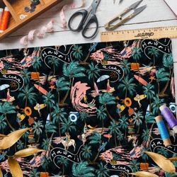 Ткань дюспо сёрфинг, пальмы и волны на чёрном фоне