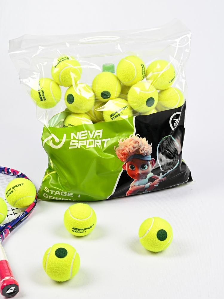 Детские теннисные мячи NEVA SPORT Green (36 мячей в пакете)