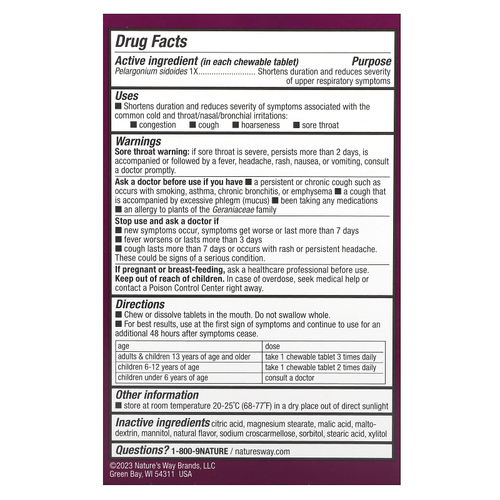 Nature's Way, Umcka, средство от простуды для детей, не вызывающее сонливости, для детей от 6 лет, вишня, 10 жевательных таблеток