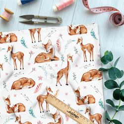 Ткань оксфорд 600 оленята из мультиков на белом фоне с листвой