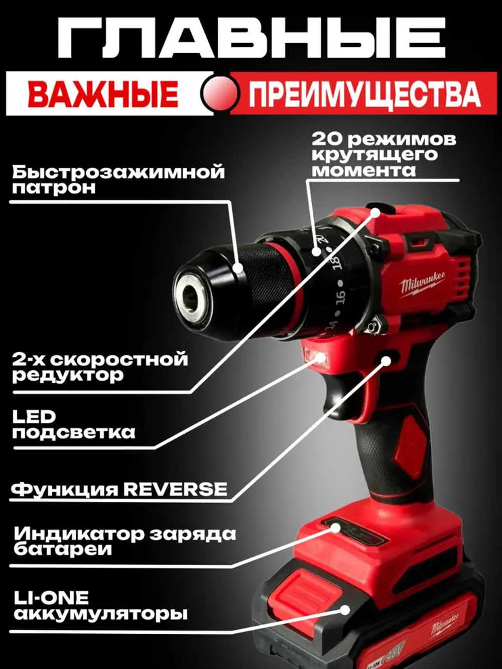 Дрель-шуруповерт / Шуруповерт аккумуляторный бесщеточный, ударный с набором и 2-мя аккумуляторами