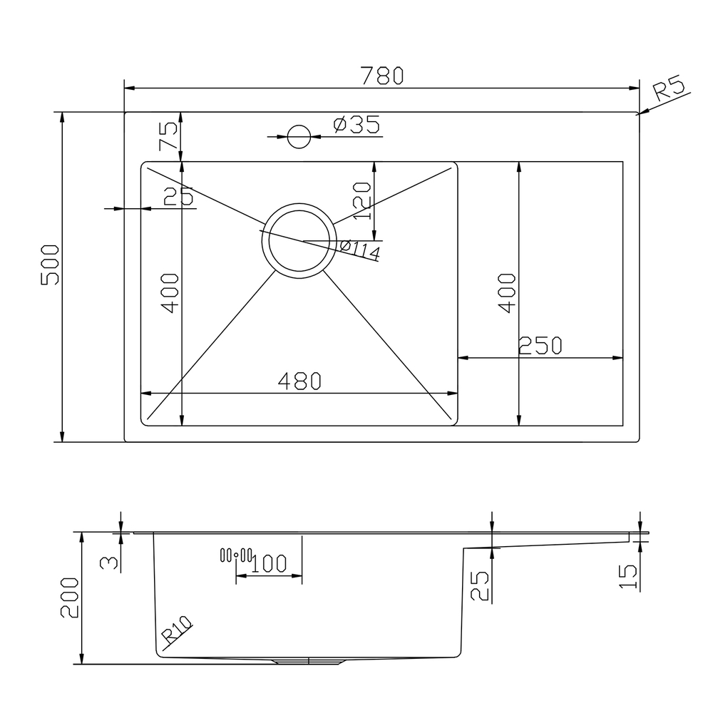 Мойка настол.монтаж 78х50 (3,0) лев. вып 3 1/2  MIXLINE PRO 20см с сифоном (бронза)
