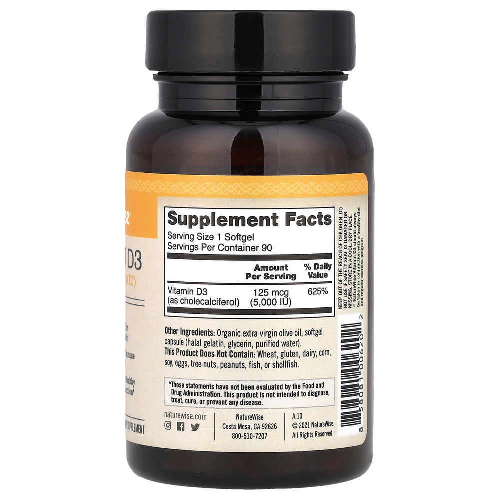 NatureWise, витамин D3, 125 мкг (5000 МЕ), 90 капсул