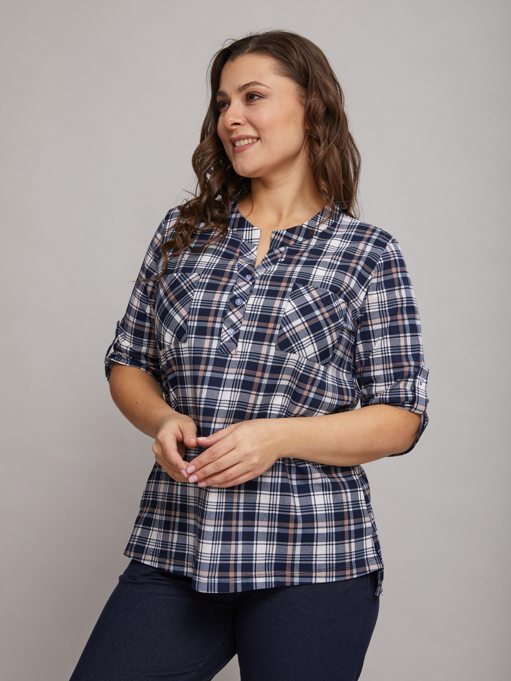 Блузка БЛ-131/синий-бежклетка