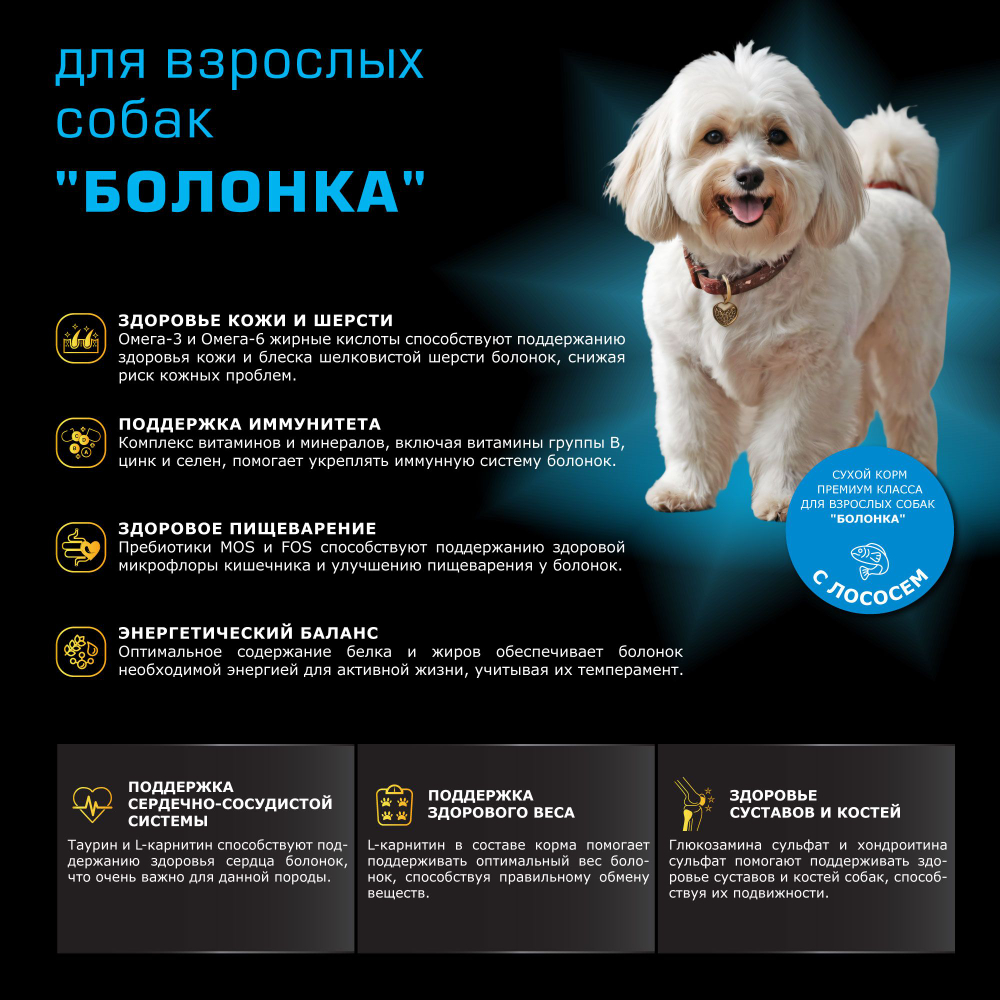 Корм сухой для взрослых собак породы Болонка, с лососем, 2,5 кг, QUATTRO