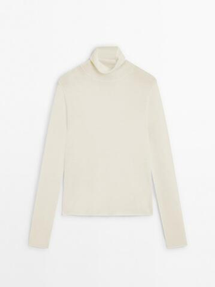 Massimo Dutti Кашемировый свитер с высоким воротником - Limited Edition, натуральный, кремовый