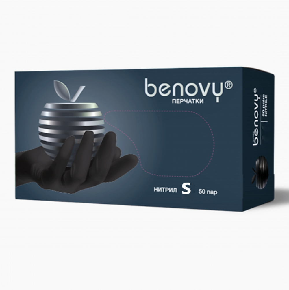 Перчатки нитриловые BENOVY 50 пар S чёрные оригинальные