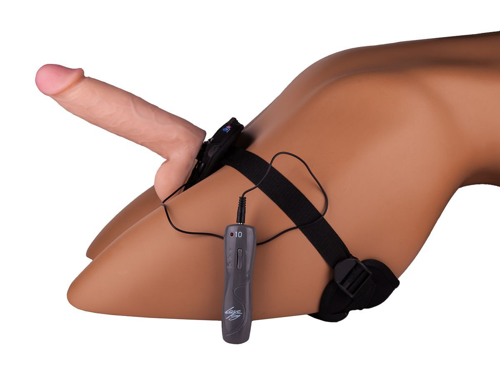 Страпон с 2 насадками и вибрацией UniStrap - 19 и 12 см. (Цвет: телесный с черным)