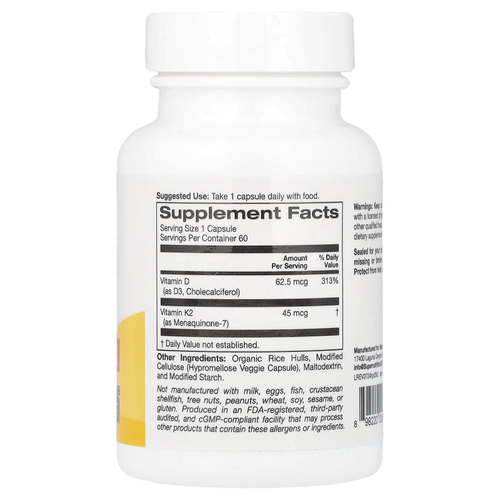 Super Nutrition, витамины D3 и К2, 60 растительных капсул