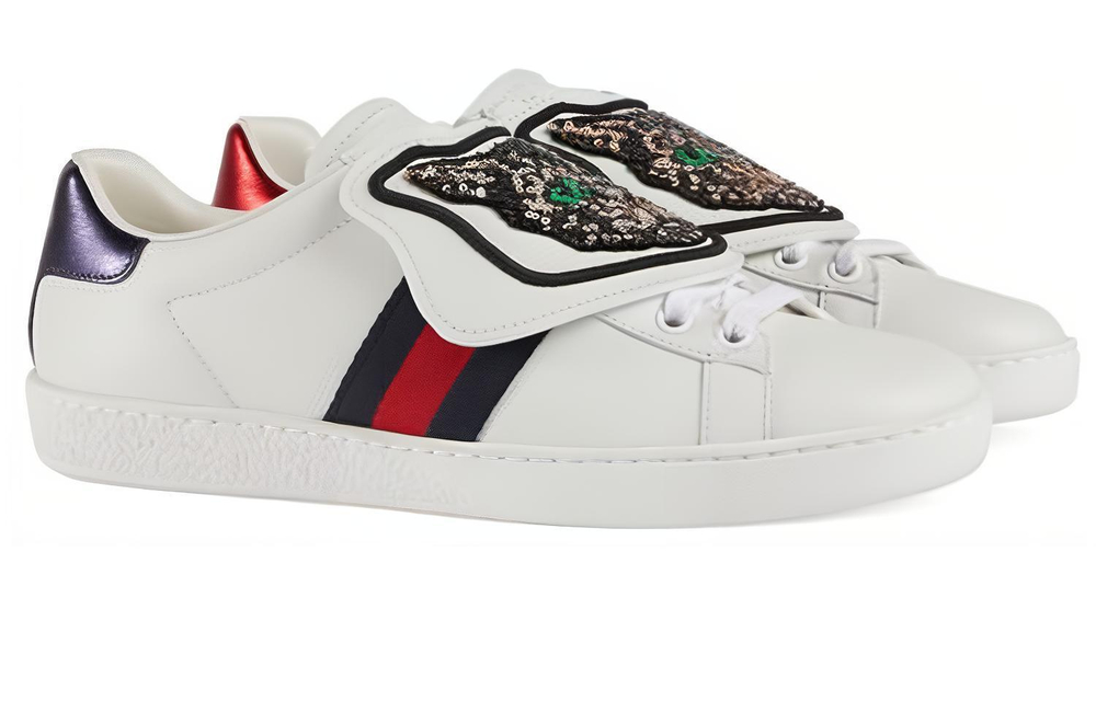 GUCCI Gucci ACE Cowhide Detachable Embroidered Crystal Bow Appliqué Fashion Sneakers Women's White