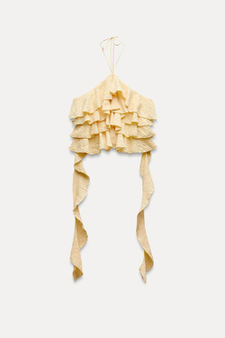 ZARA УКОРОЧЕННЫЙ ТОП ИЗ РЕЛЬЕФНОЙ ТКАНИ С ГОРЛОВИНОЙ ХАЛТЕР И ВОЛАНАМИ, ЖЕЛТЫЙ