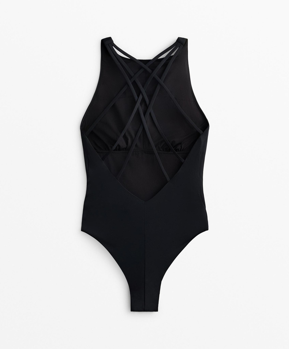 OYSHO Купальник с вырезом халтер и перекрестными бретелями сзади, черный