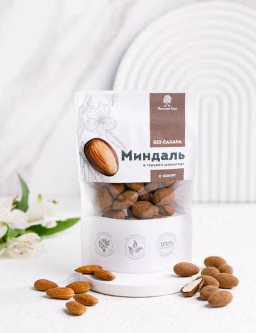 Миндаль в горьком шоколаде без сахара с корицей / 60 г / дой-пак / ТМ Сибирский кедр