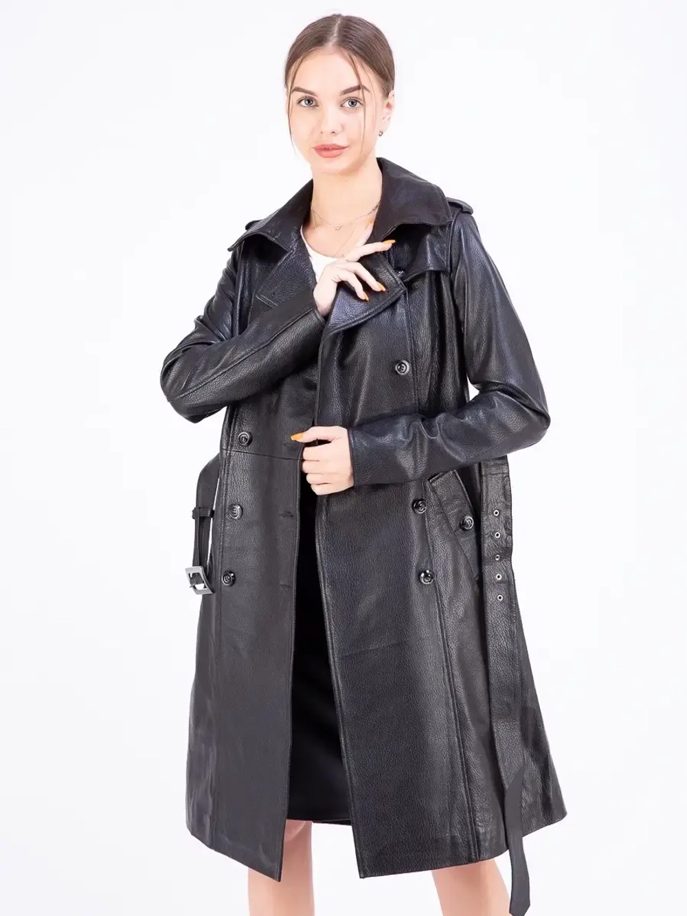 Тренч длинный кожаный с поясом плащ на весну