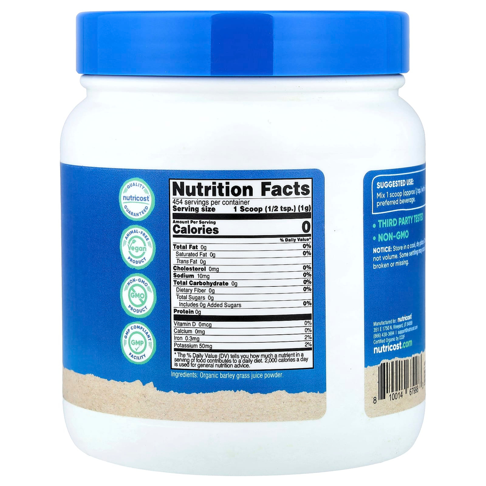 Nutricost, Органический порошок сока ячменя, без добавок, 454 г (16,2 унции)